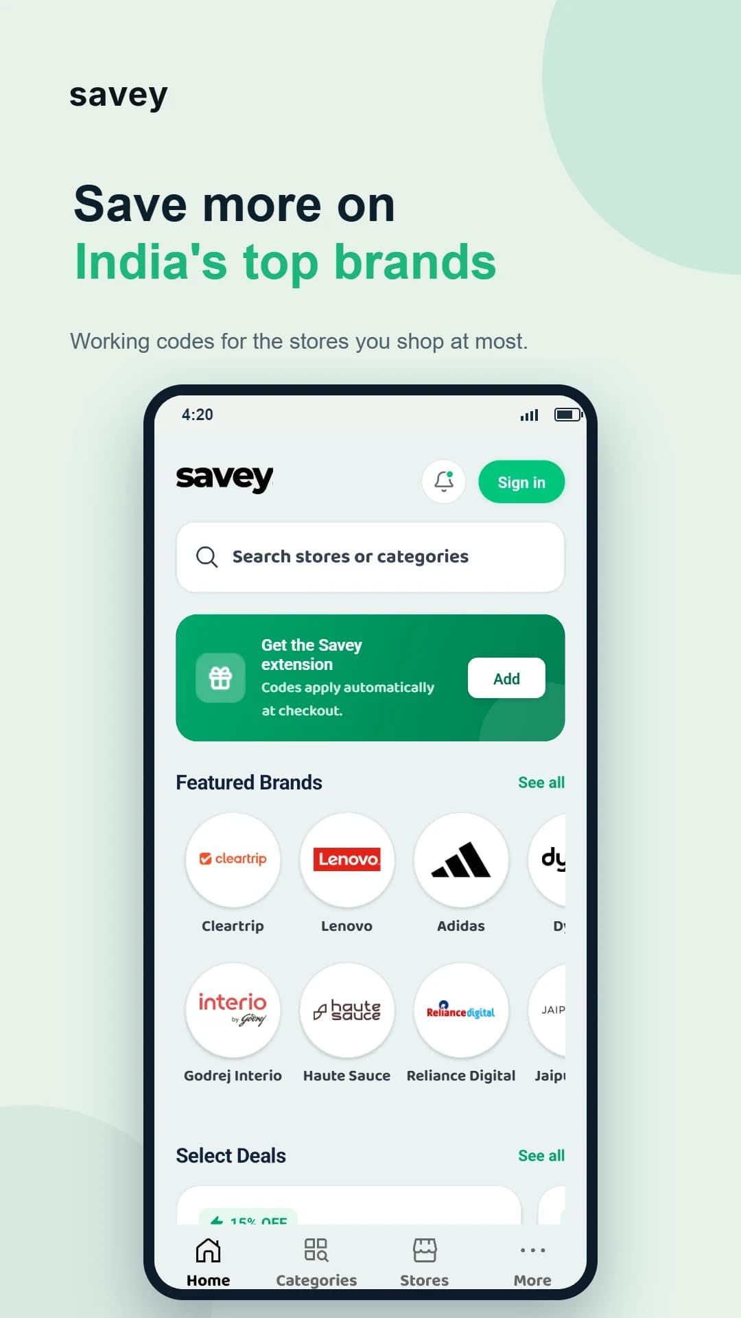 Savey Android app home screen with featured brands