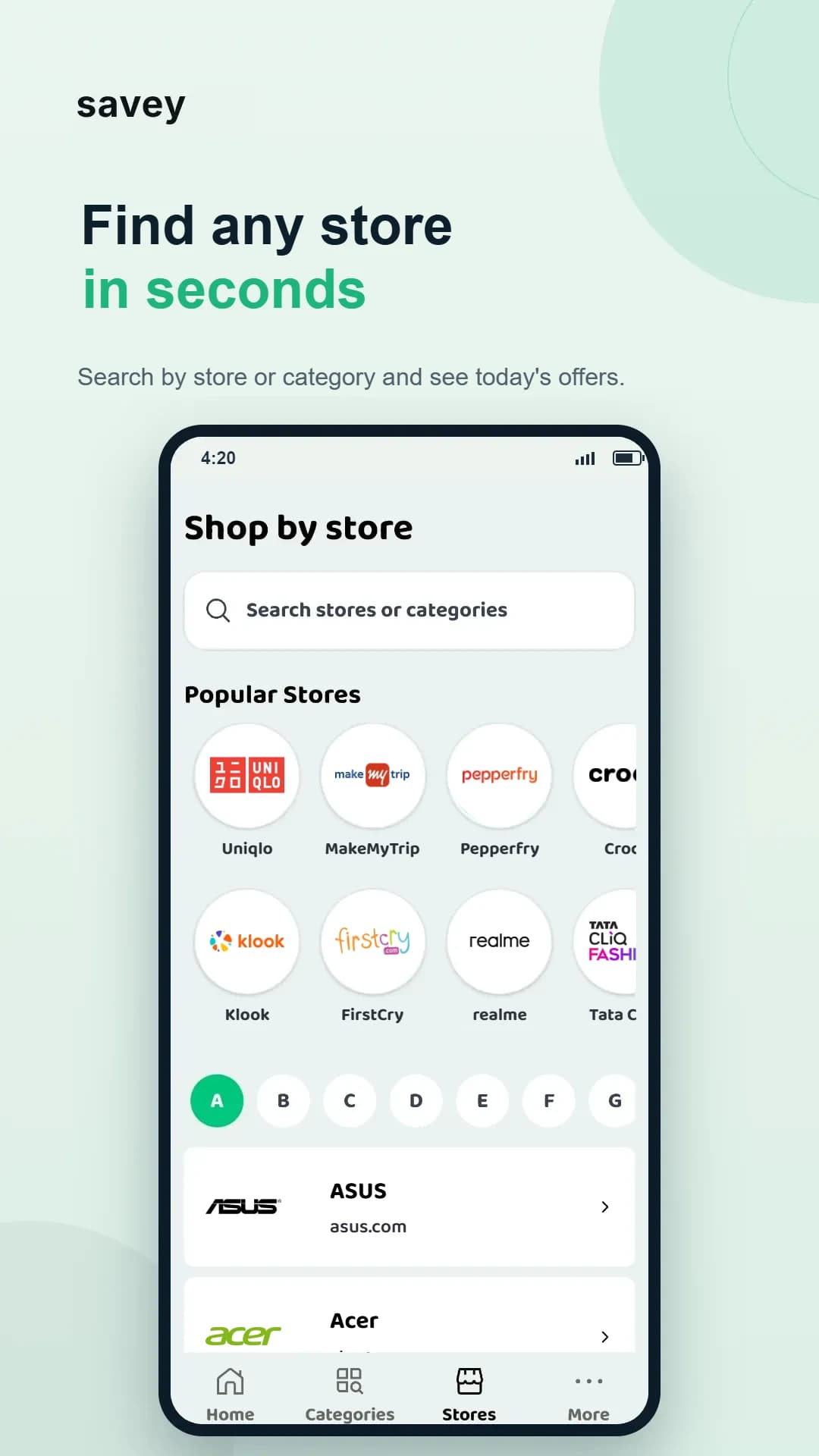 Savey Android app store directory showing popular stores