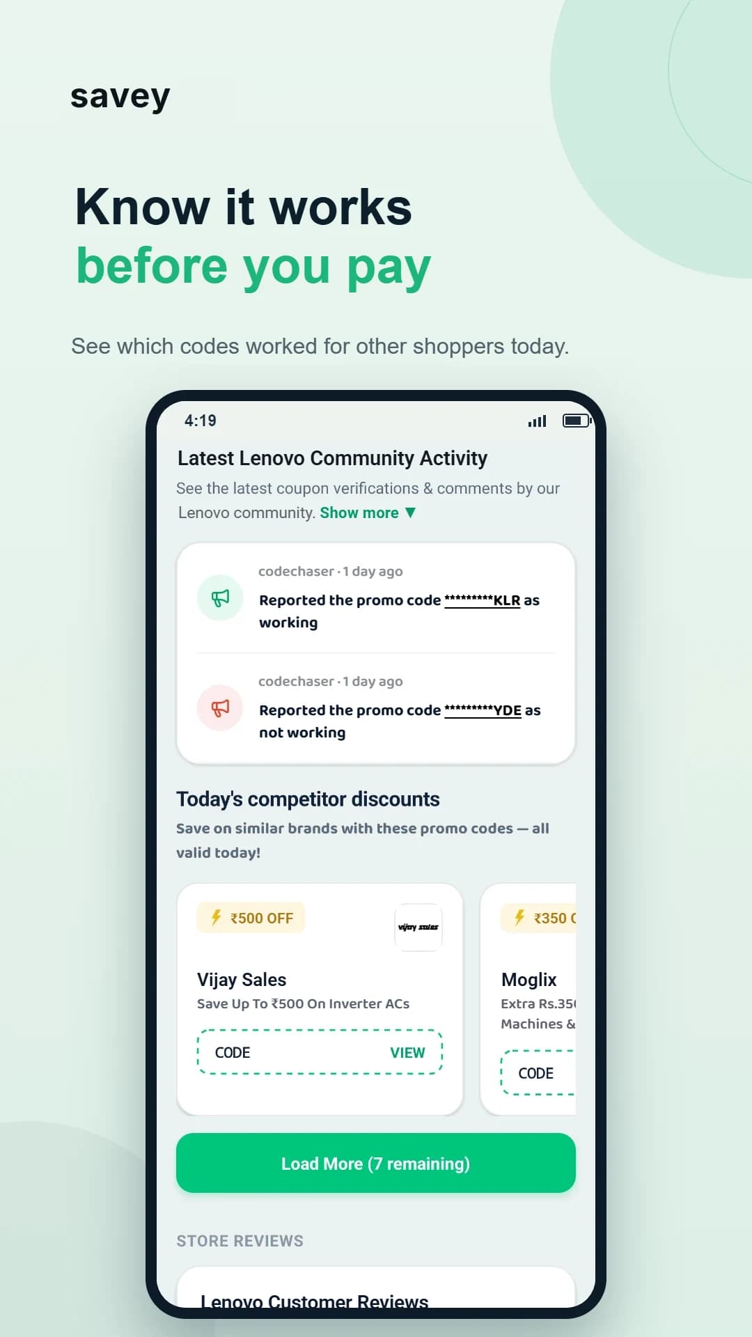 Savey Android app showing the latest code checks for a store