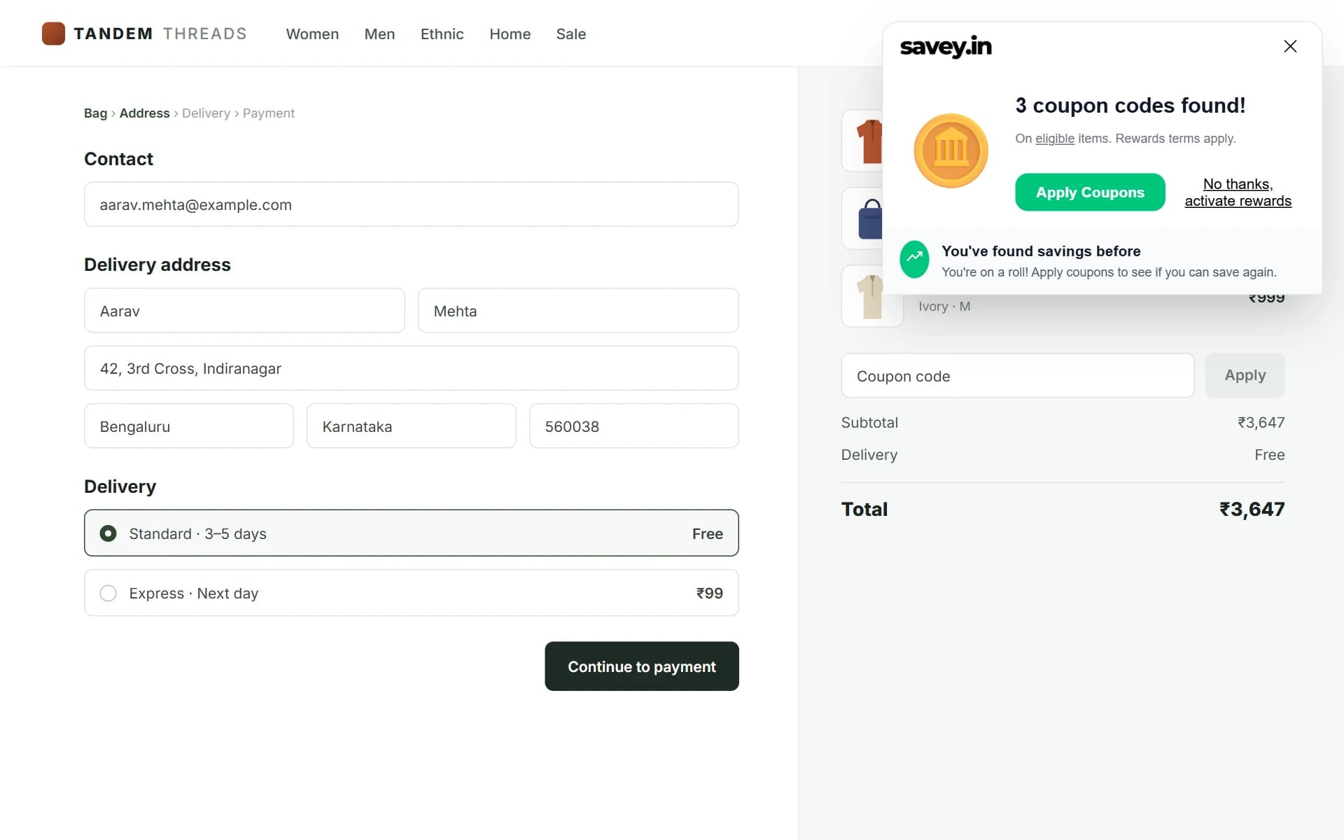 Savey popup at checkout showing three coupon codes found for the store, ready to apply