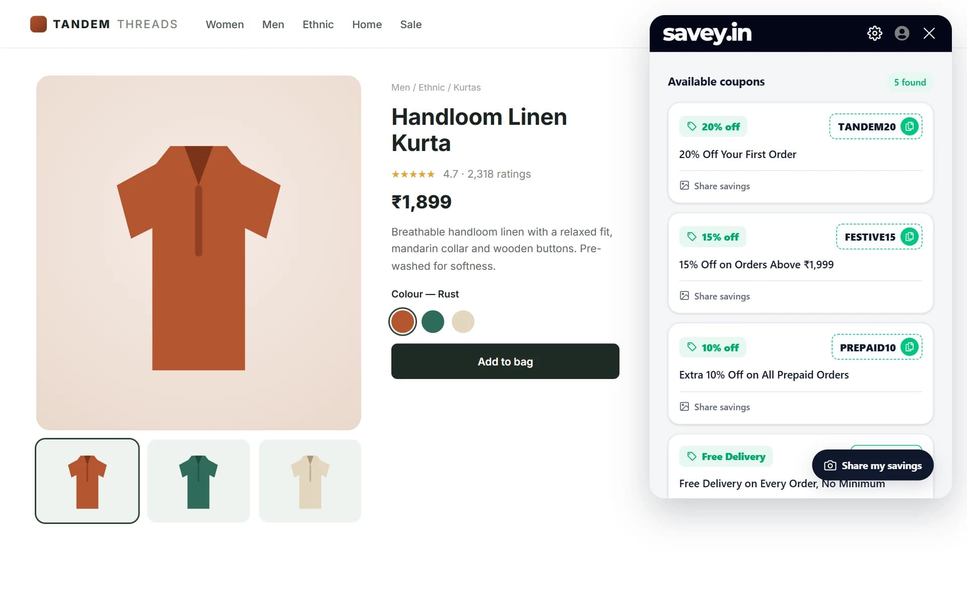 Savey panel listing only the verified, working coupon codes for the store being browsed