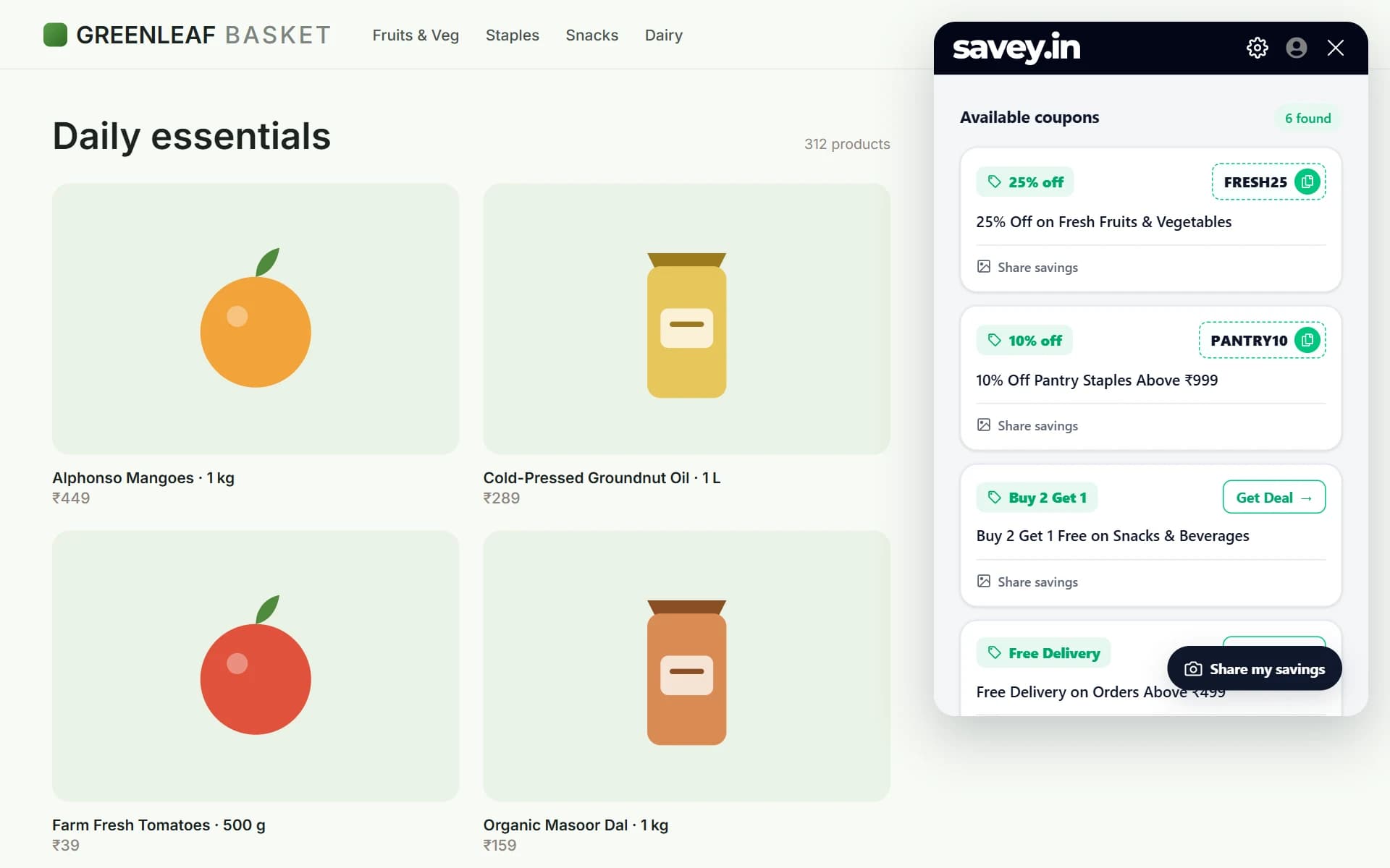Savey panel showing grocery coupons and deals on an everyday essentials store