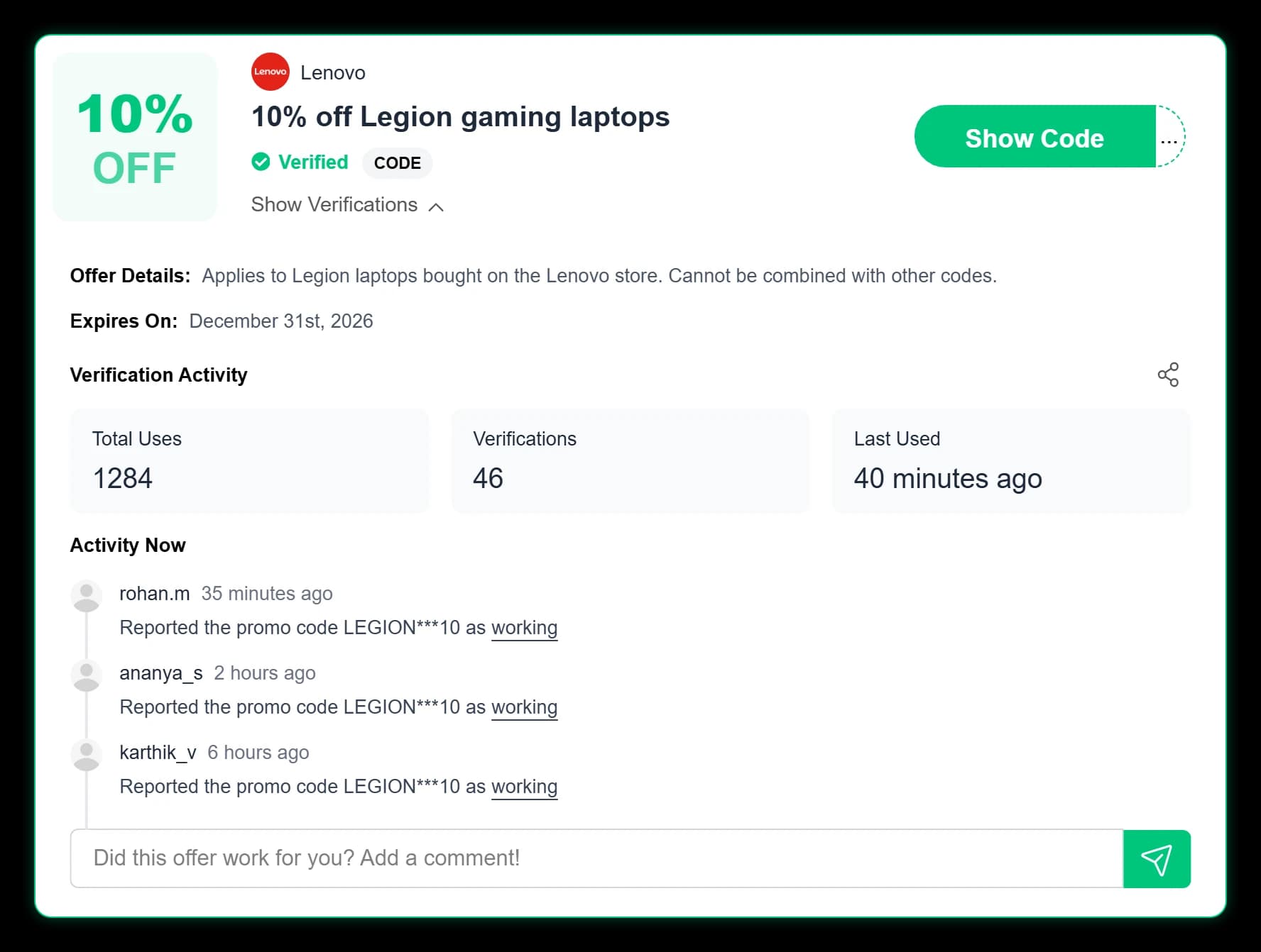What a coupon card looks like on our store pages, expanded to show who verified it.