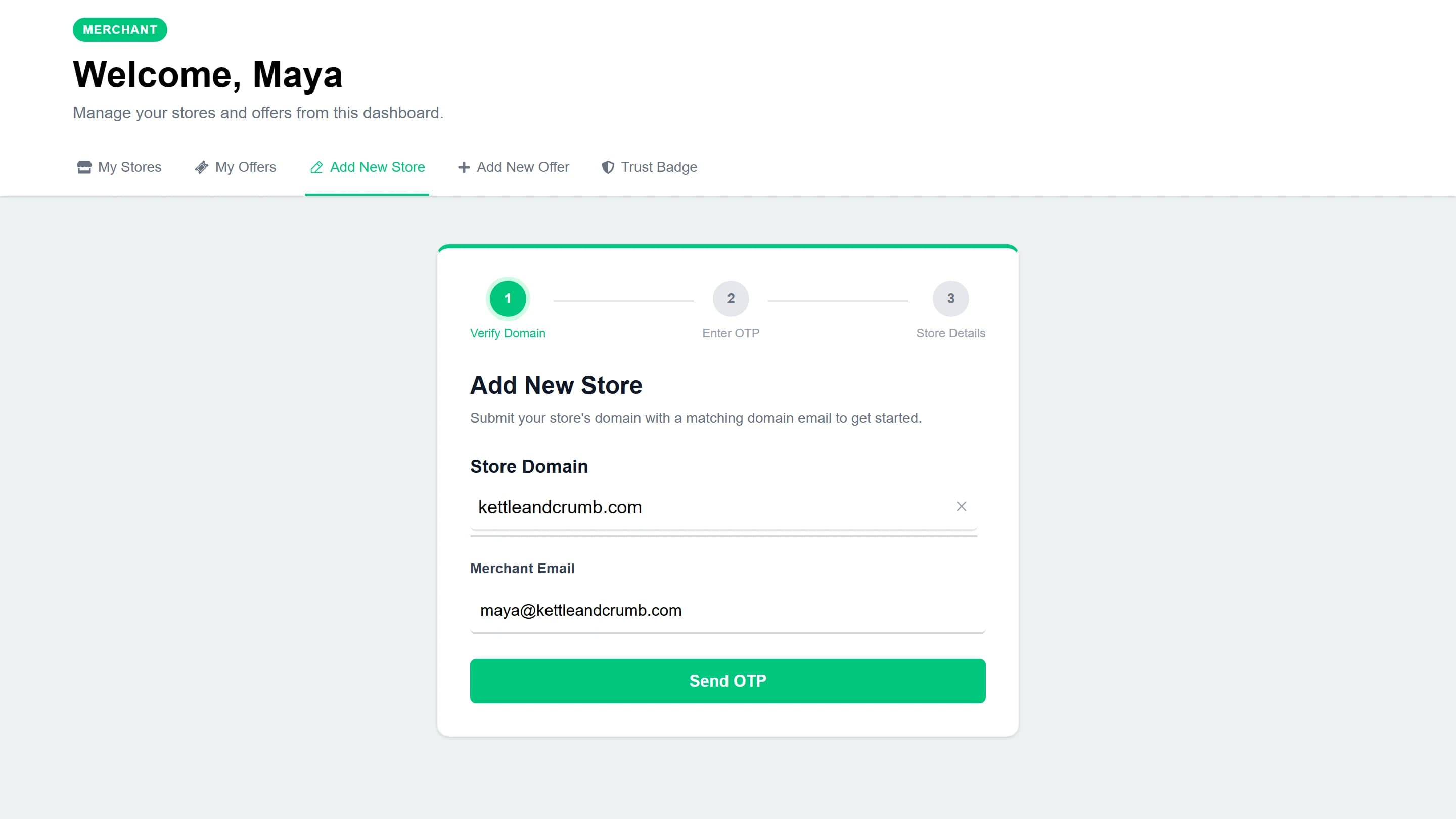 Merchant portal: adding a new store by verifying its domain