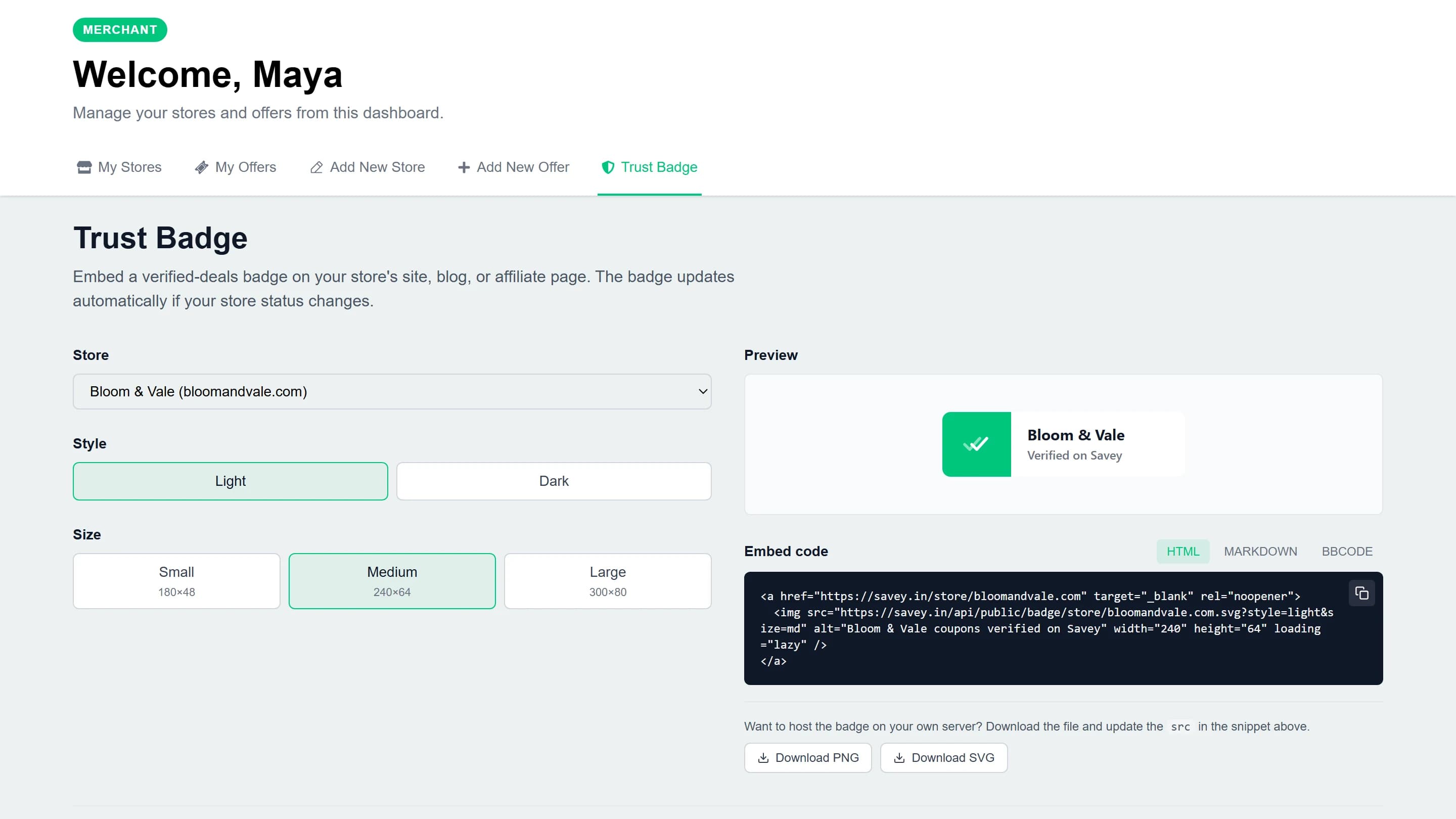 Merchant portal: a verified-deals trust badge and its embed code